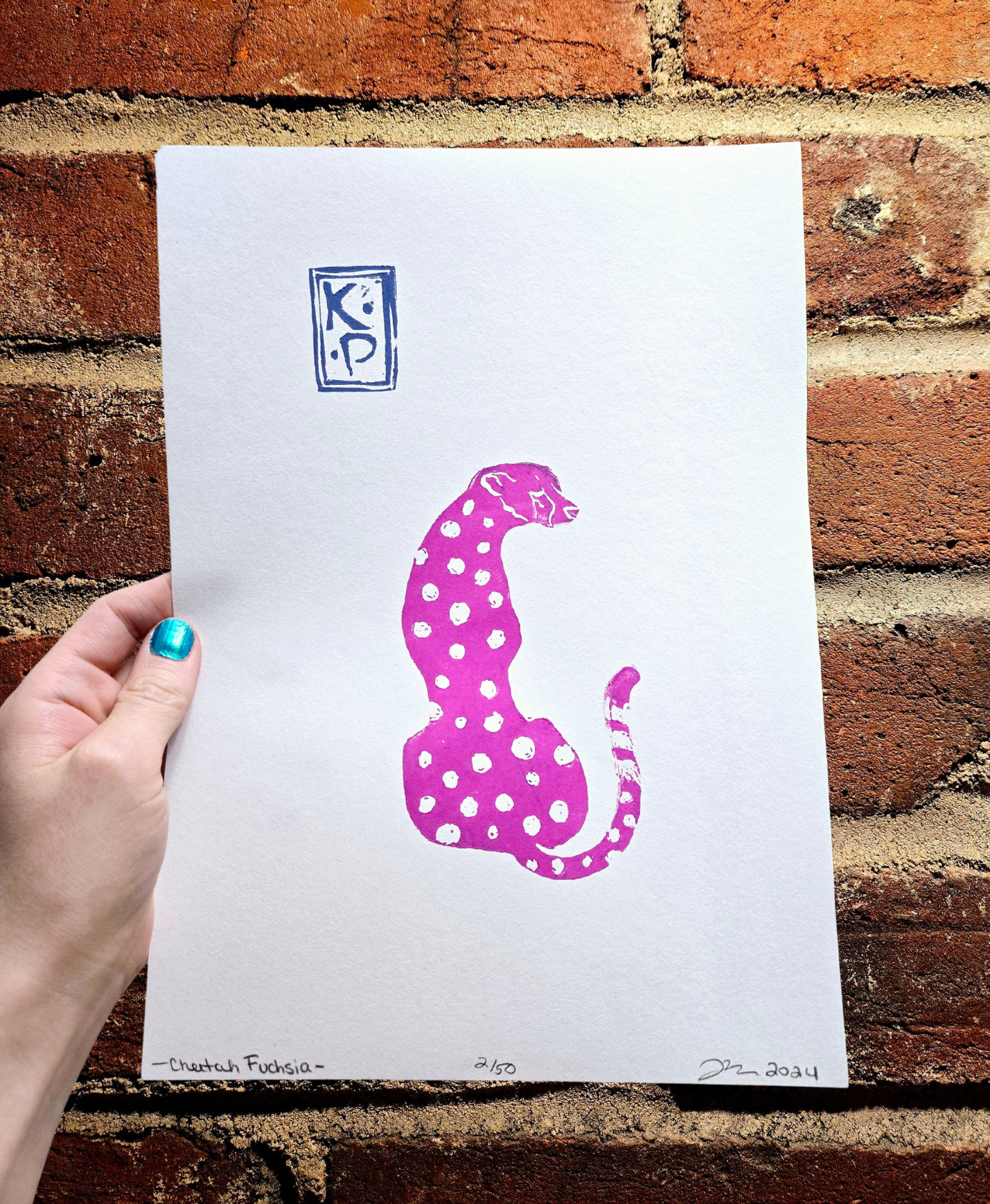 Linocut Pink Cheetah/ Original Art Print/ Limited Edition/ Zoological Illustration/ Minimalist Nature Art/ Hand Carved/ Hand Printed/ Signed & Numbered by the Artist/ Ready for Frame/ Physical Print/ Wild Cat Carving/ Leopard