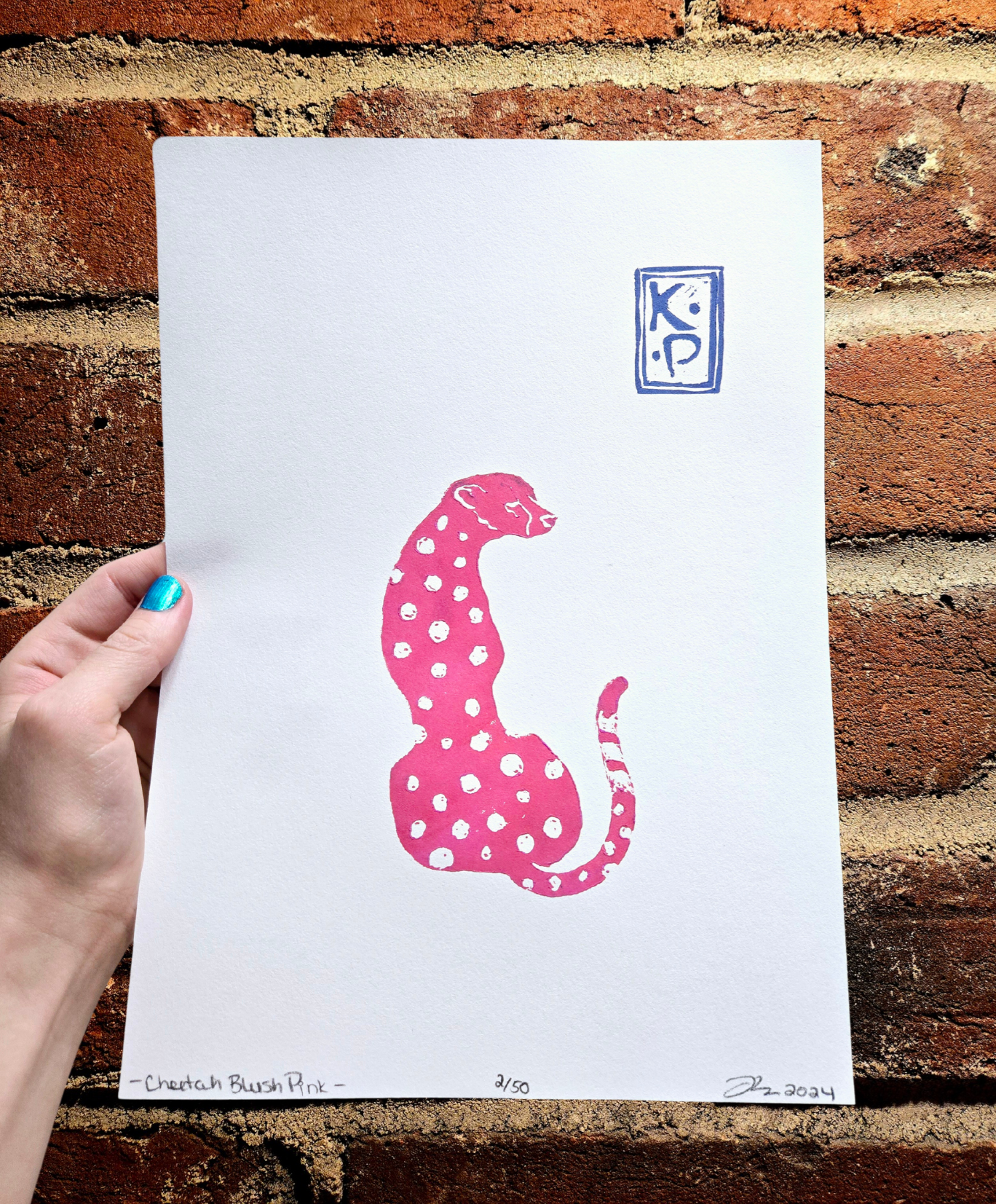 Linocut Pink Cheetah/ Original Art Print/ Limited Edition/ Zoological Illustration/ Minimalist Nature Art/ Hand Carved/ Hand Printed/ Signed & Numbered by the Artist/ Ready for Frame/ Physical Print/ Wild Cat Carving/ Leopard