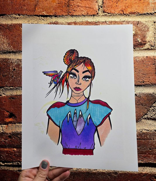 Girl with Parrot Eclectic Print