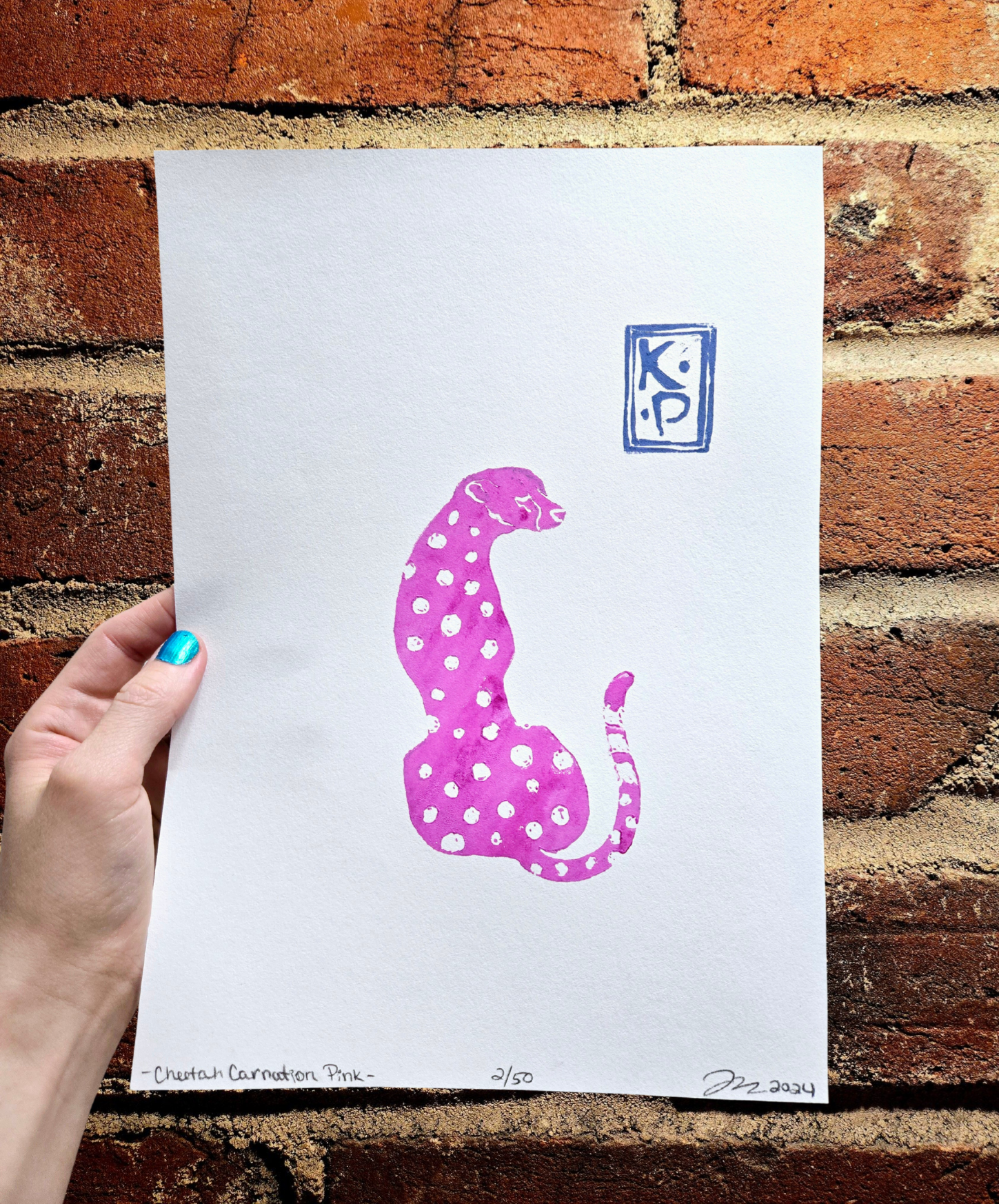 Linocut Pink Cheetah/ Original Art Print/ Limited Edition/ Zoological Illustration/ Minimalist Nature Art/ Hand Carved/ Hand Printed/ Signed & Numbered by the Artist/ Ready for Frame/ Physical Print/ Wild Cat Carving/ Leopard